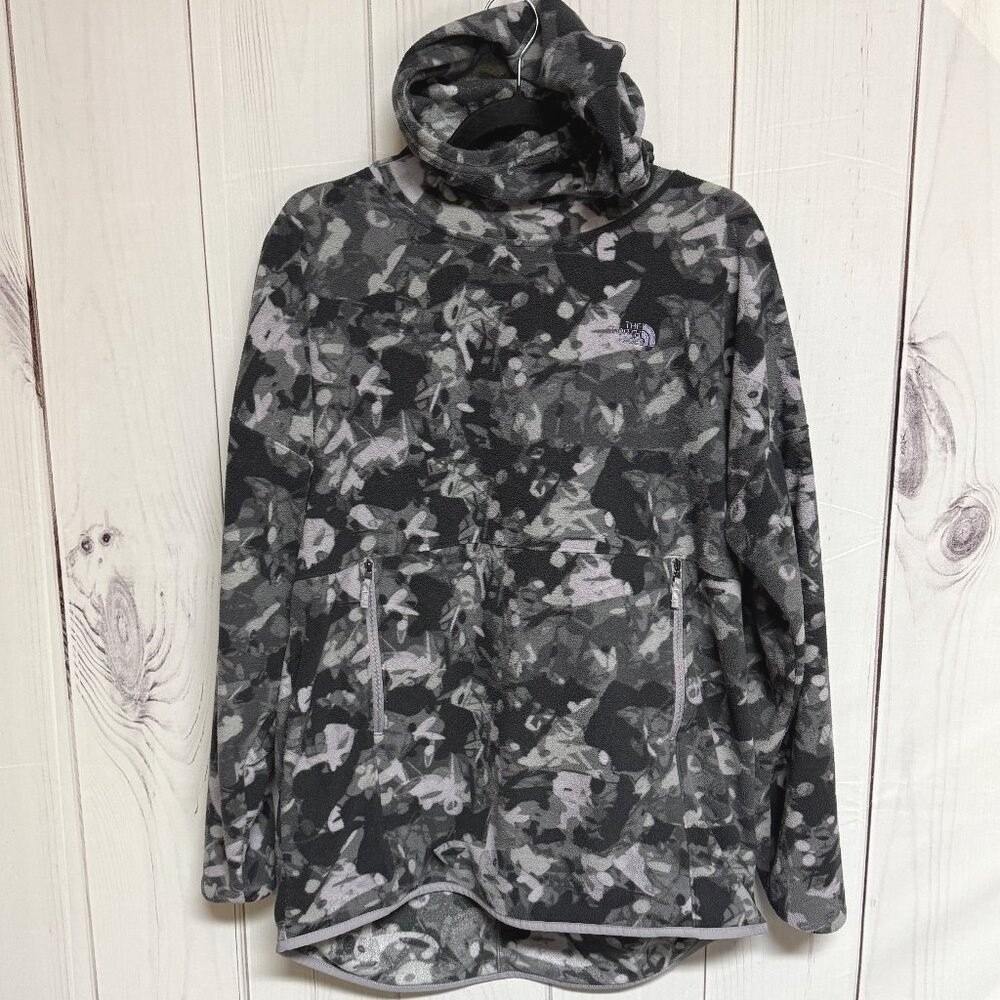 The North Face Womens TKA Glacier Hoodie Large Gray Print Fleece Pullover EUC